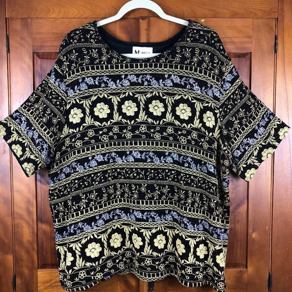 Black and Gold Floral Patterned Women's Top - Picture 1 of 10